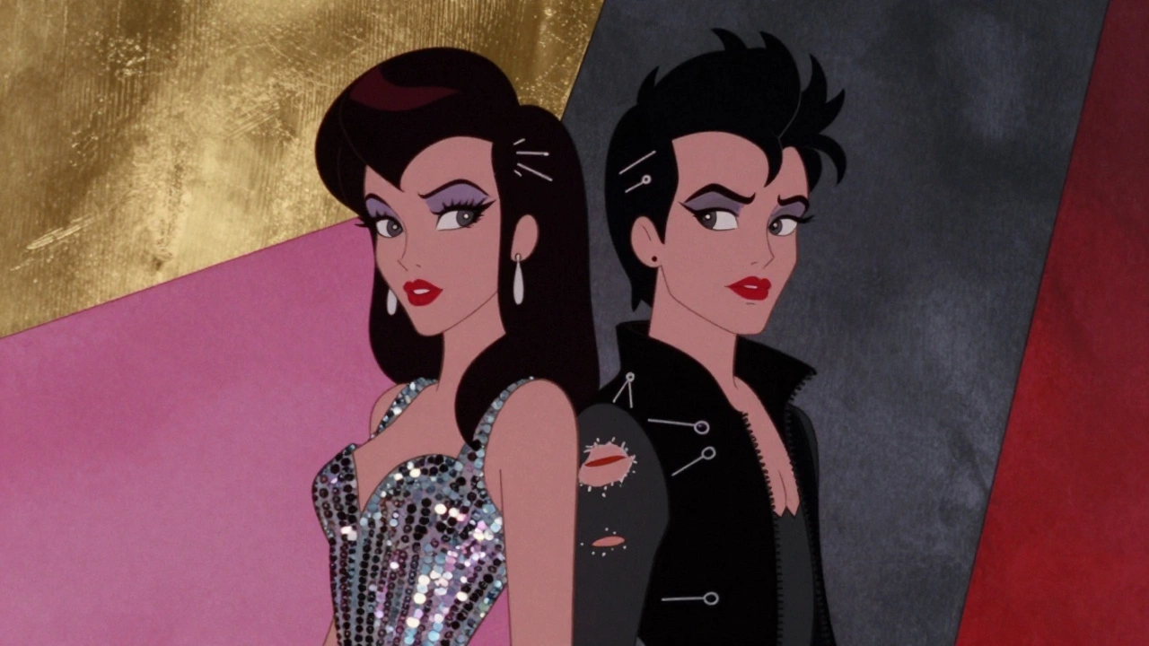 Vintage illustration showing glam and punk figures back-to-back, symbolizing their shared roots.