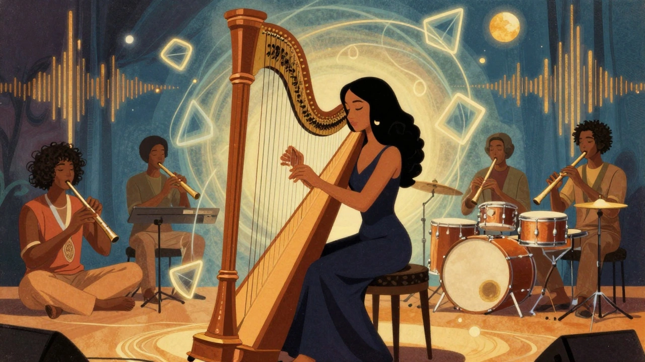 Woman playing harp and synth in a spiritual jazz ensemble, surrounded by glowing light.