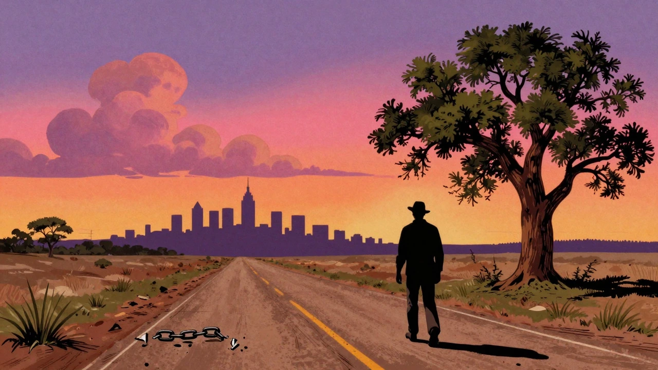 A lone figure walking on a road toward a city sunset in vintage cartoon art style.