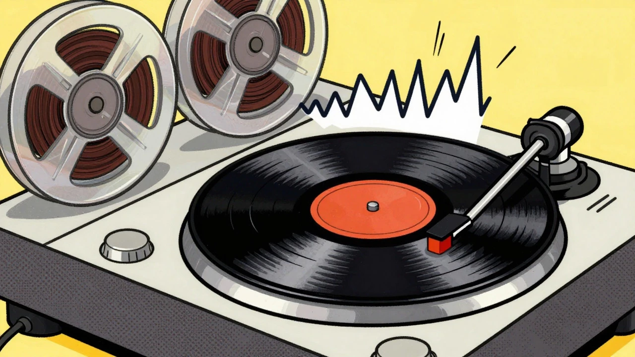 Analog tape reels spinning and transforming into a vinyl record groove
