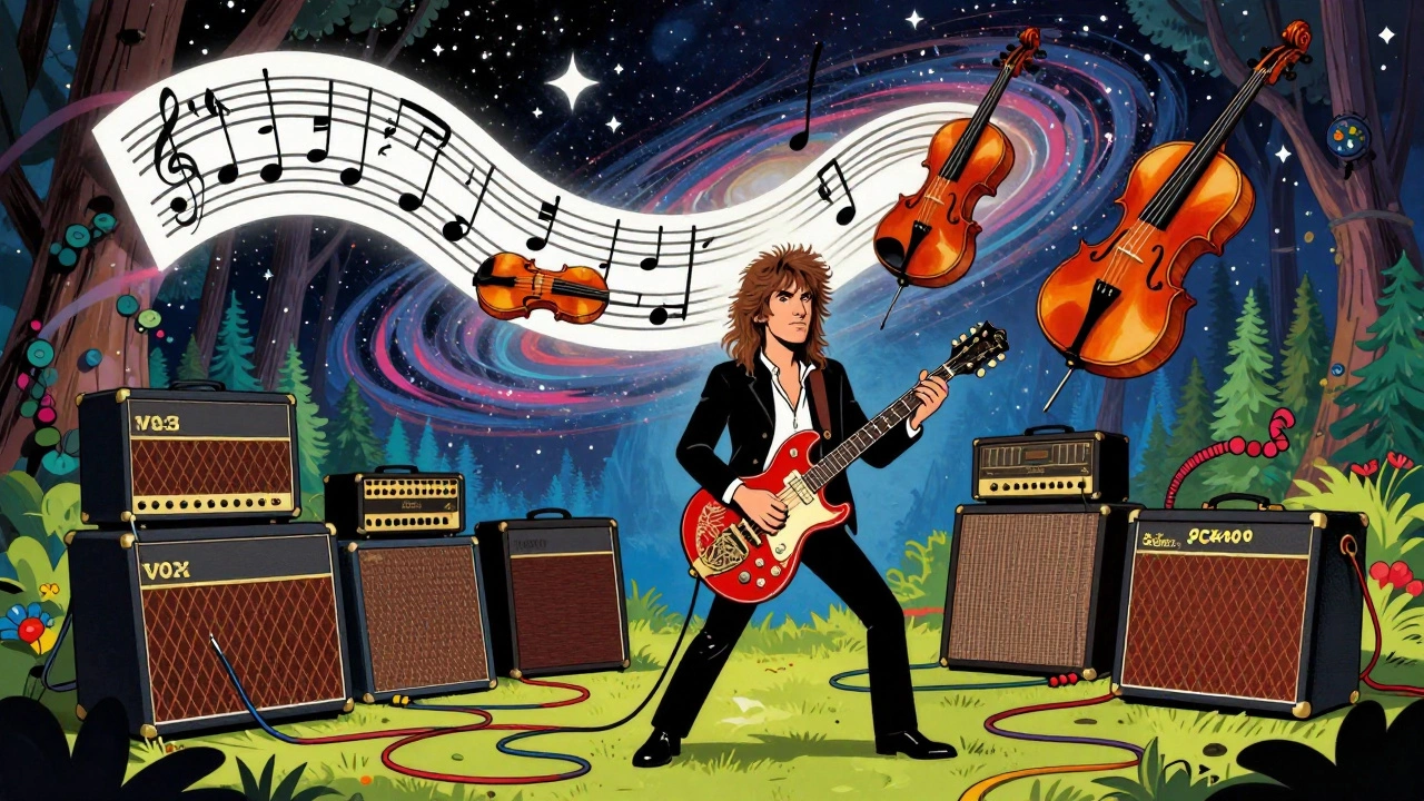 Brian May style guitarist surrounded by many amps and music