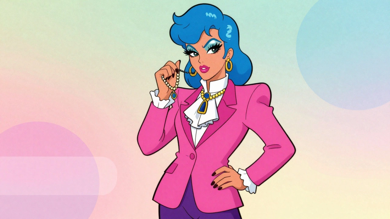 Cartoon character in 1980s New Wave fashion with neon blazer and blue hair