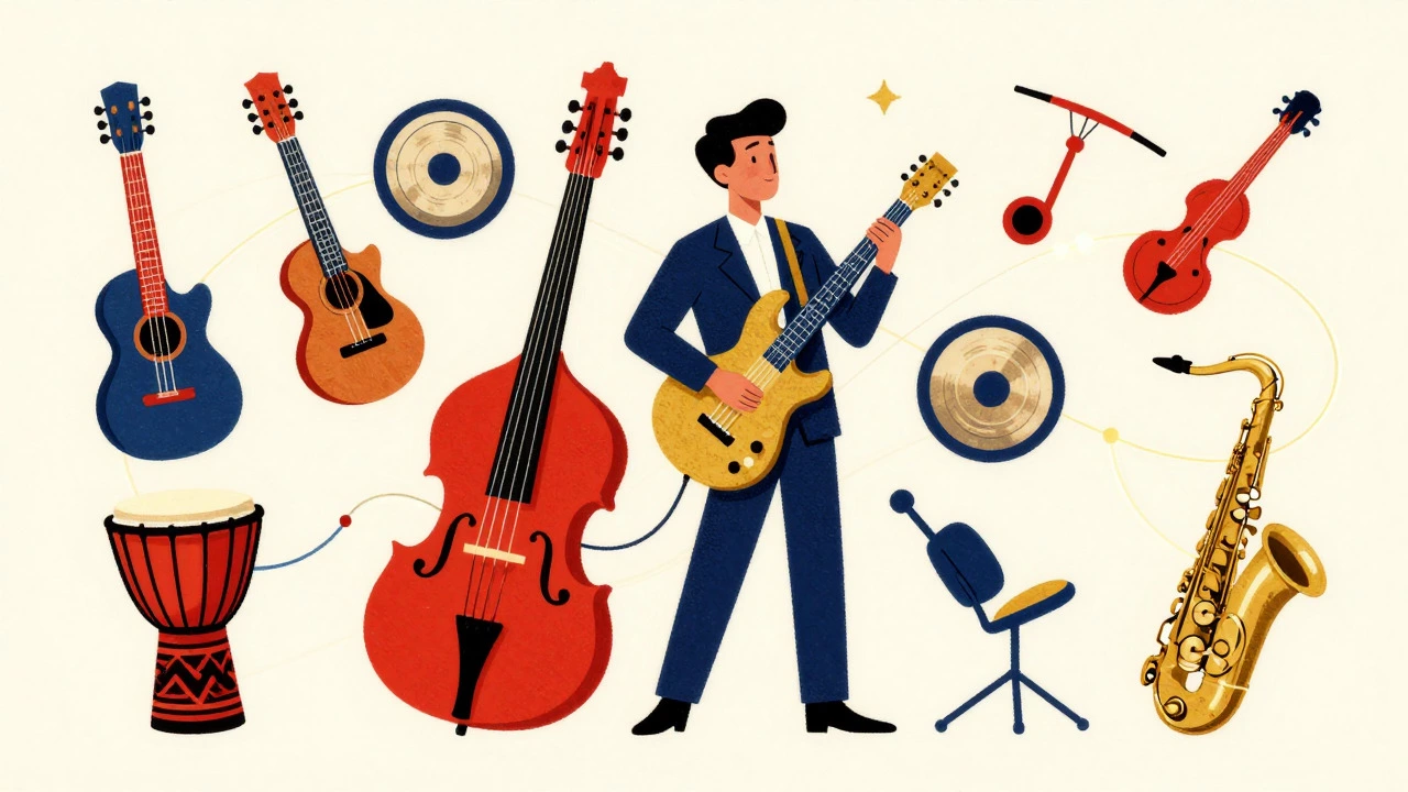 Cartoon collage of global instruments and jazz elements merging