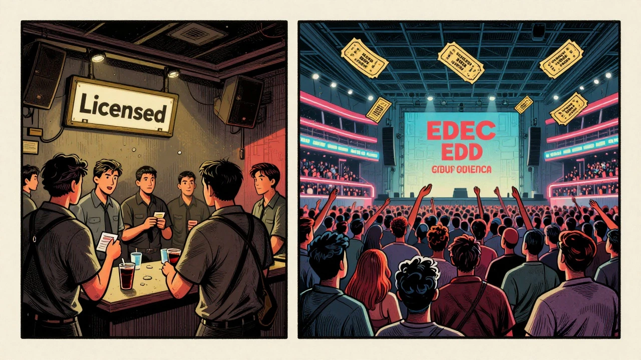 Cartoon comparing gritty licensed clubs to sterile corporate EDM festivals.