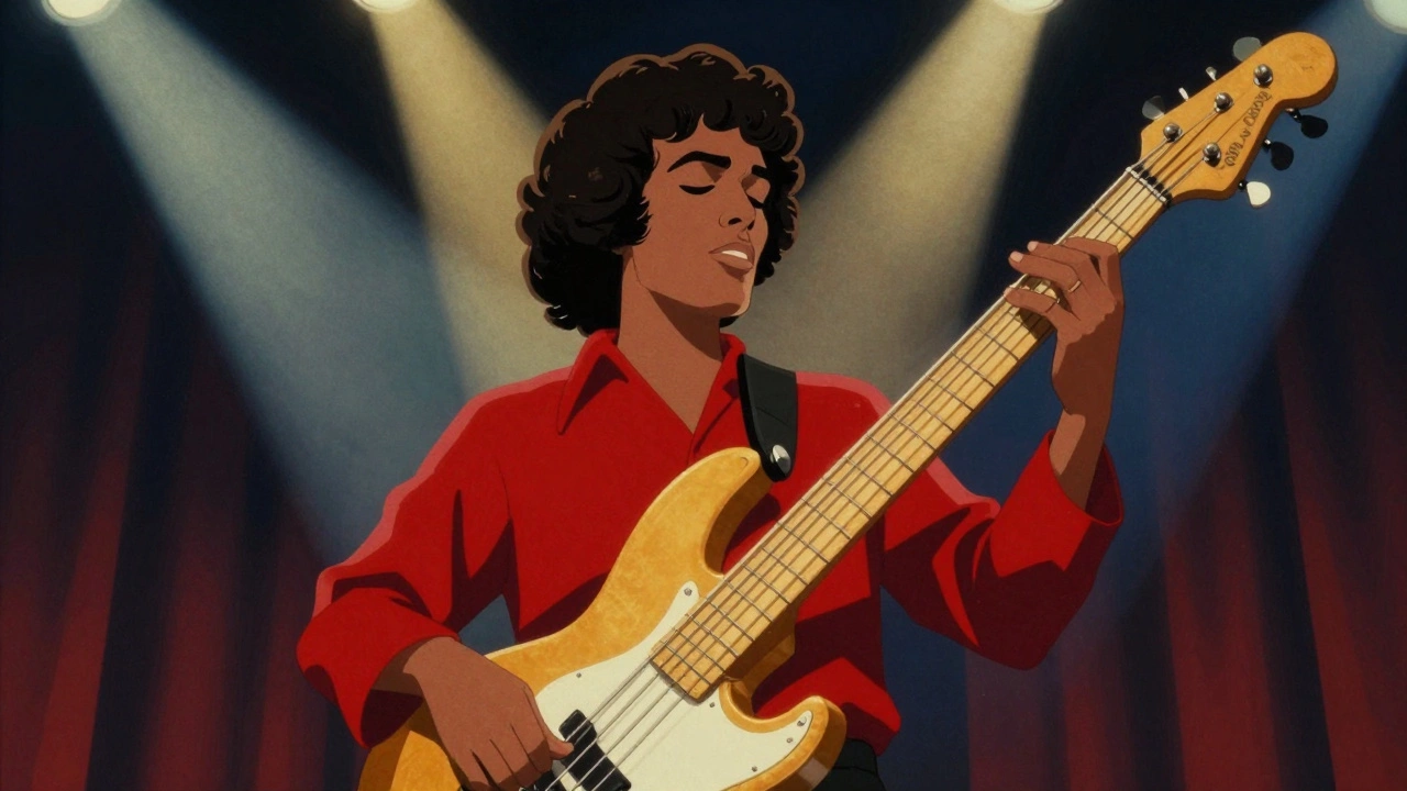 Cartoon depiction of a glowing fretless bass and synths representing the Heavy Weather era.