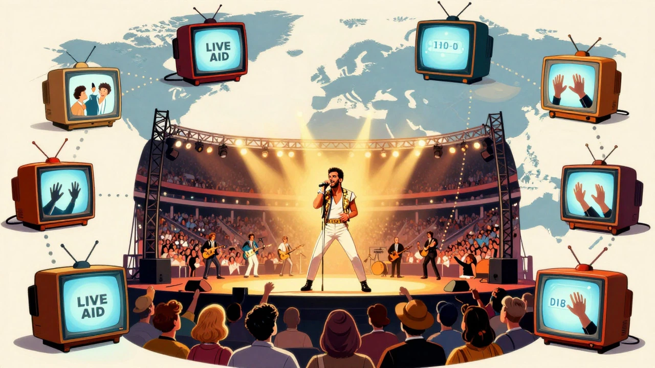 Cartoon depiction of Live Aid 1985 with Queen performing and global TV audiences watching.