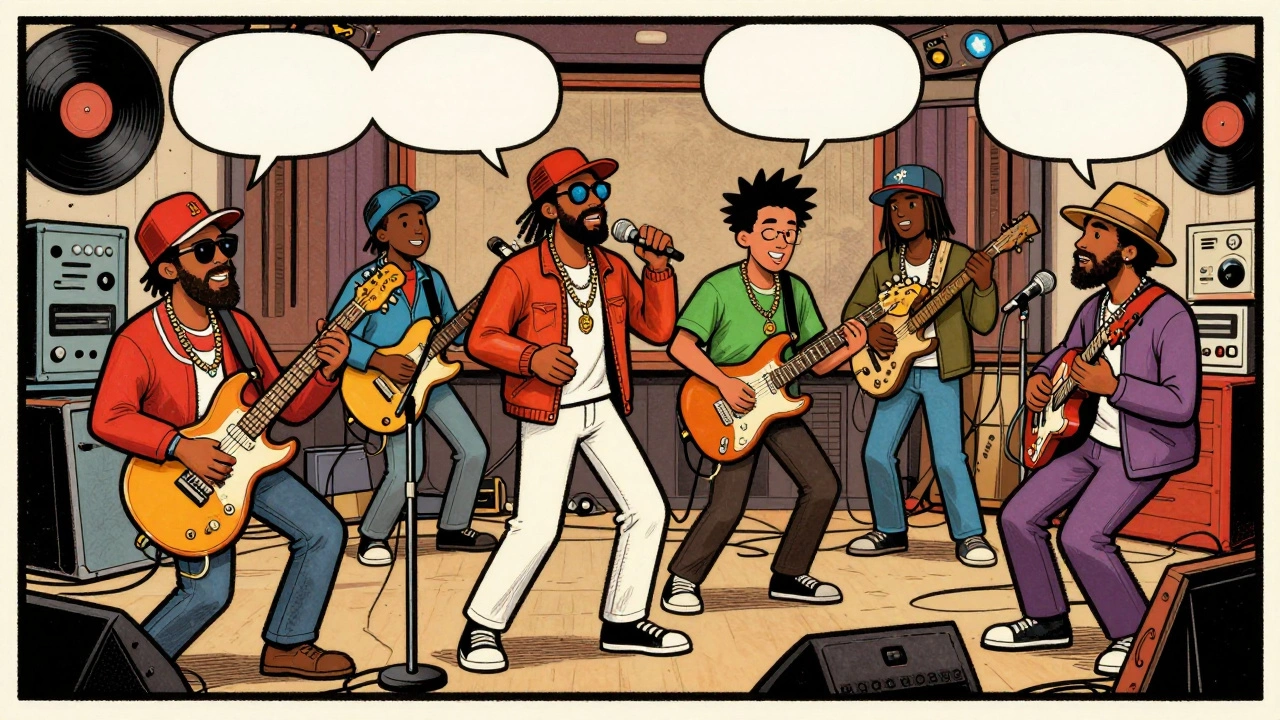 Cartoon depiction of Soulquarians musicians collaborating in a jam session.