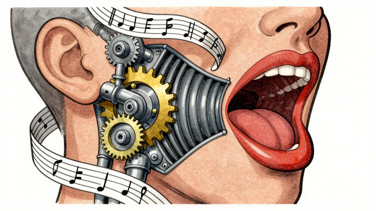 Cartoon diagram of vocal mechanics with gears and pipes