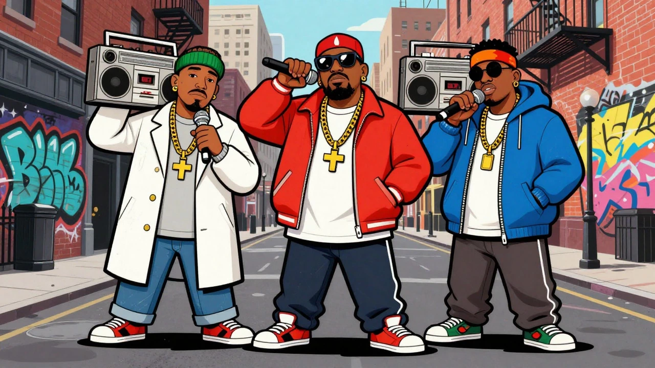 Cartoon hosts in 80s hip-hop fashion holding boomboxes against NYC backdrop