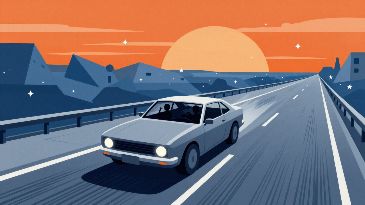 Cartoon illustration of a car speeding on an endless highway representing motorik beat.