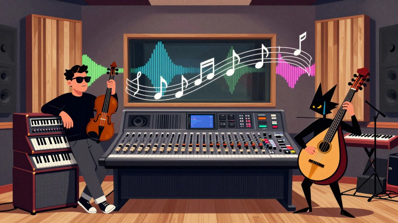 Cartoon illustration of fiddle and mandolin characters balancing with modern studio gear