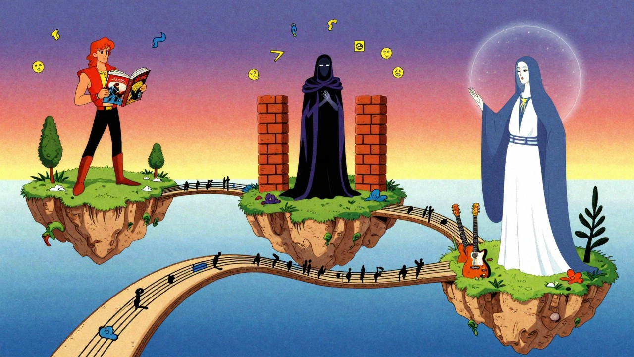 Cartoon landscape connecting album chapters via guitar string bridges