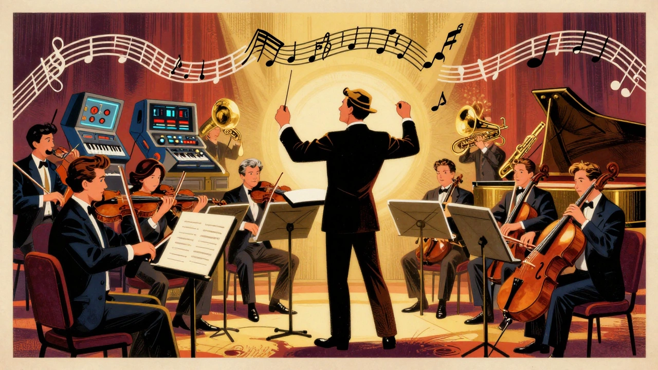 Cartoon of a conductor leading an orchestra mixed with electronic gear