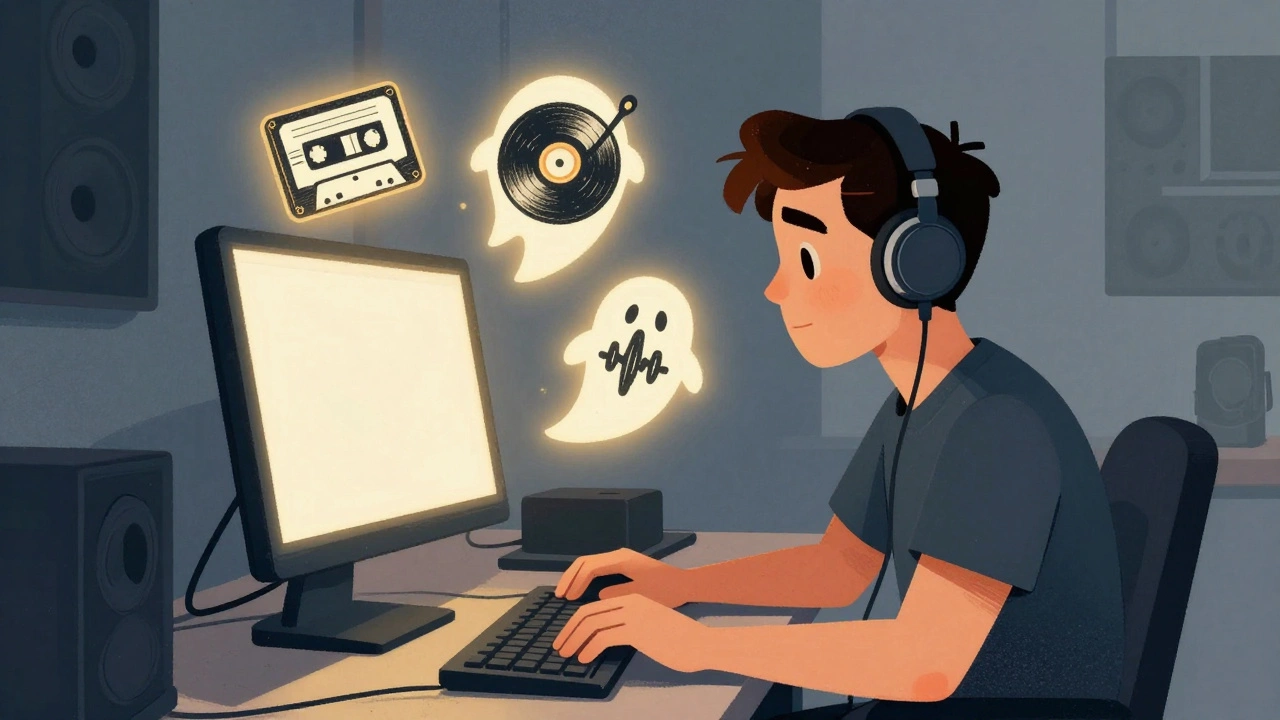 Cartoon of a producer adding vintage tape effects to digital music in a modern studio