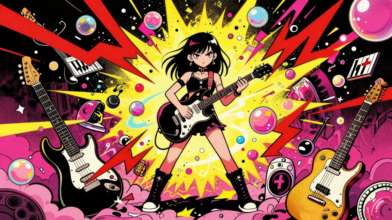 Cartoon of a singer surrounded by clashing rock lightning and pop bubbles in vintage style.