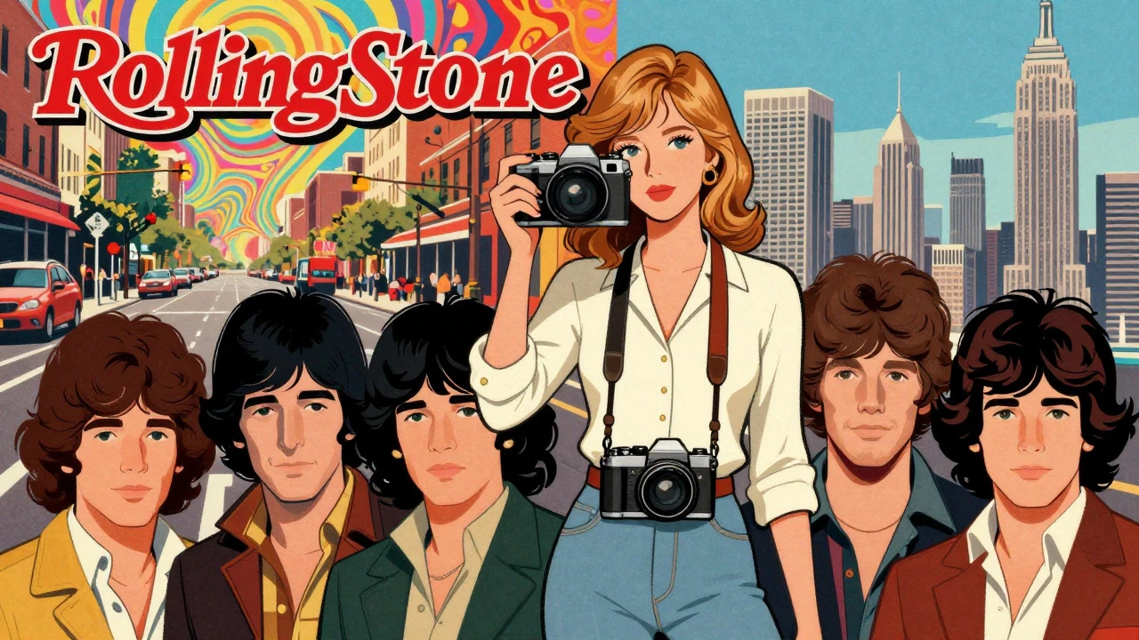 Cartoon of Annie Leibovitz with camera against SF to NYC backdrop, vintage style.