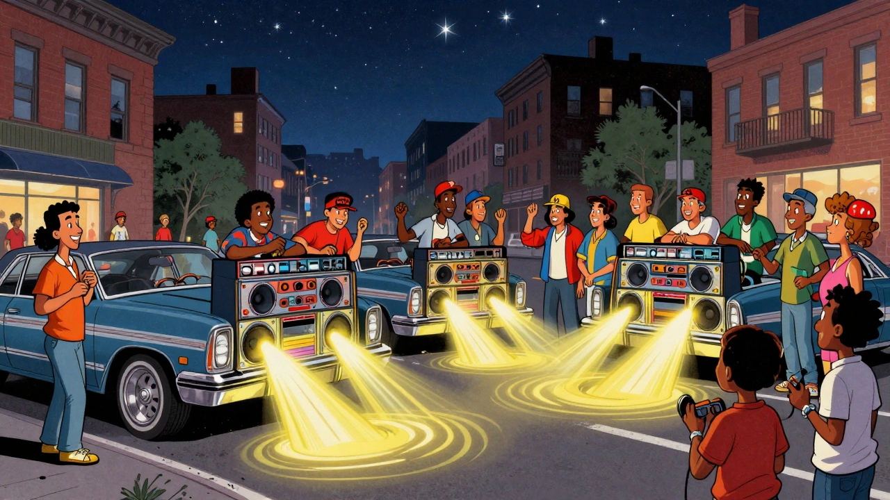 Cartoon of boom cars and community gathering in Bronx