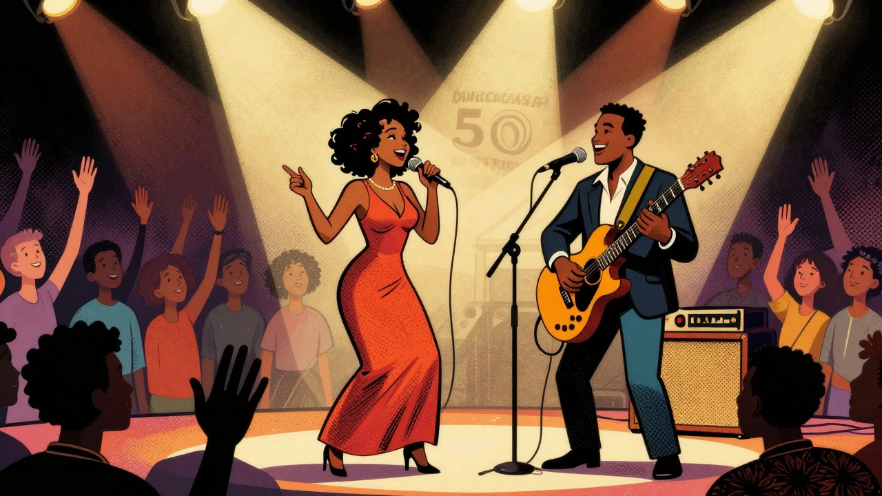 Cartoon of diverse musicians sharing a stage during an anniversary concert
