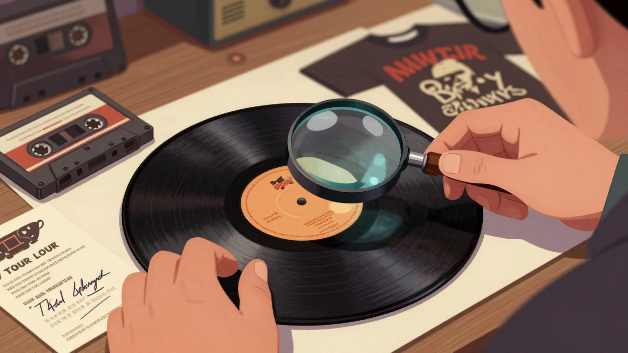 Cartoon of hands inspecting a rare vinyl record with a magnifying glass