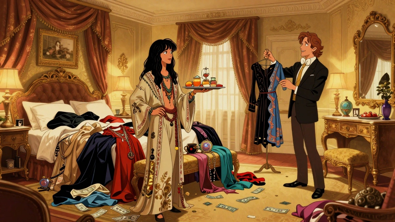 Cartoon of lavish hotel suite with band members and clothes