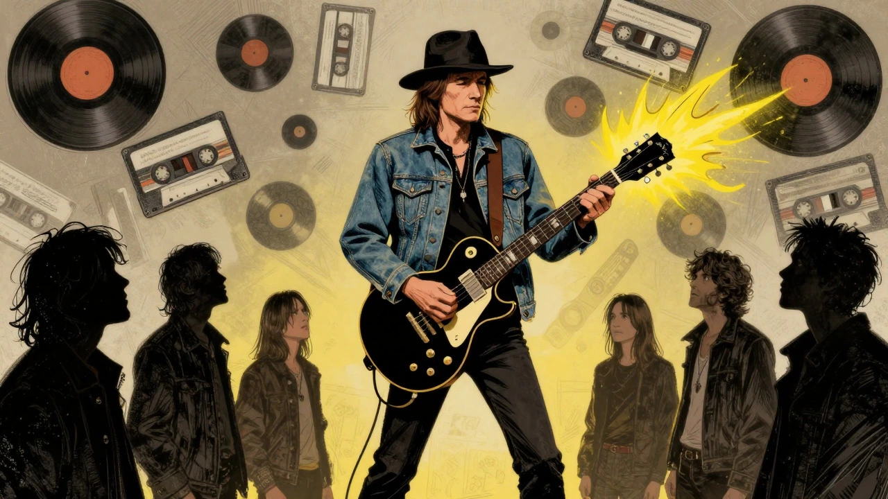 Cartoon of Neil Young influencing grunge bands with his electric guitar