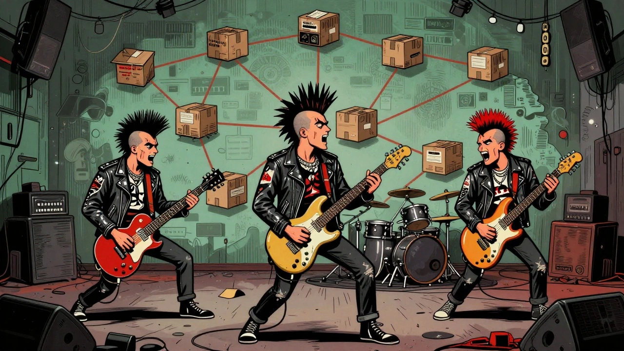 Cartoon of punk band performing with indie label distribution network