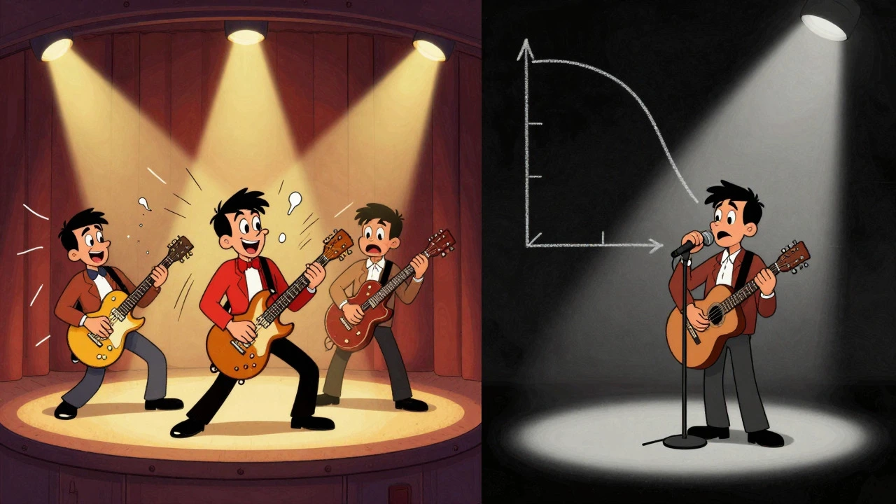 Cartoon rock band shifting from high energy side A to emotional side B