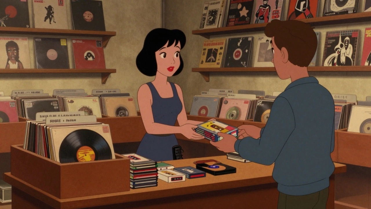 Cartoon scene of women trading vinyl records and cassettes at an indie label counter.