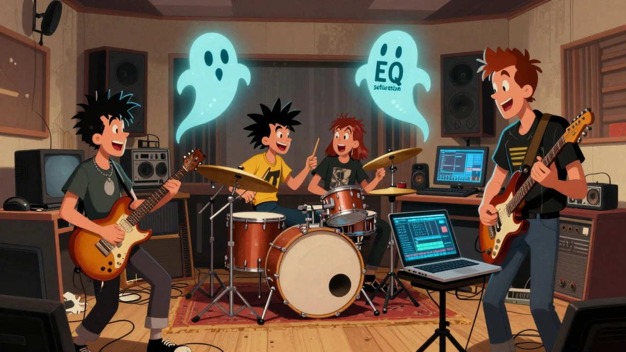 Cartoon showing a hybrid punk recording setup blending live energy with digital plugins.
