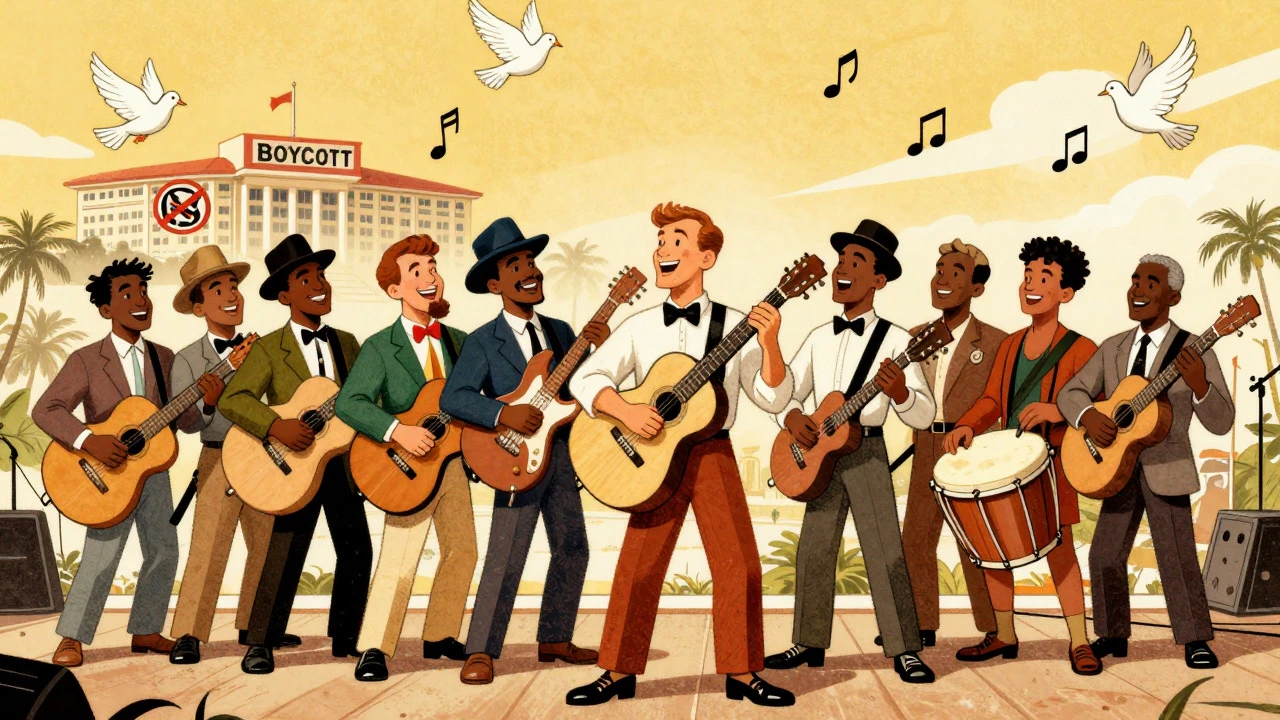 Cartoon showing diverse musicians uniting against apartheid at Sun City.