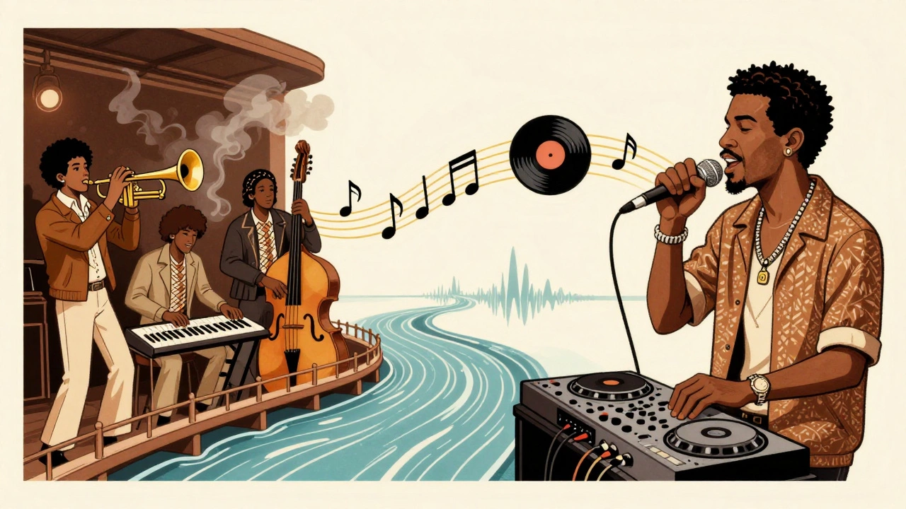 Cartoon showing musical lineage from 70s fusion to modern neo-soul