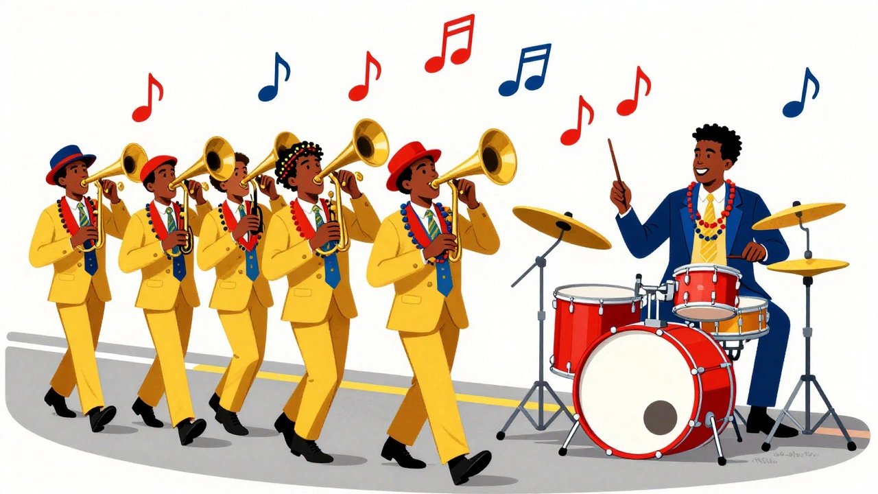 Cartoon showing second-line rhythms turning into electric funk beats
