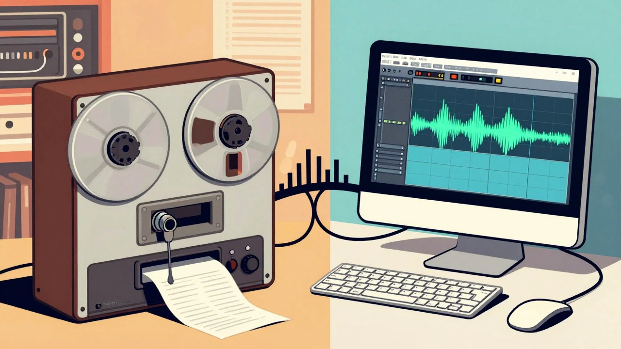 Cartoon showing the blend of analog tape machines and modern digital computers in a studio.