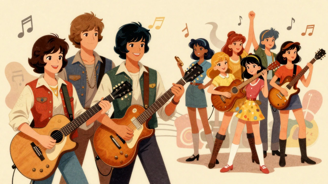 Cartoon showing The Go-Go's inspiring future generations of female musicians.
