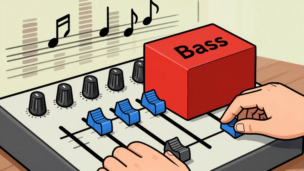 Cartoon visualization of sound waves and bass frequencies on a vintage mixing board.