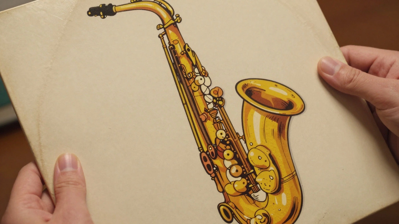 Close-up vintage illustration of hands holding an album with a deeply embossed saxophone design.
