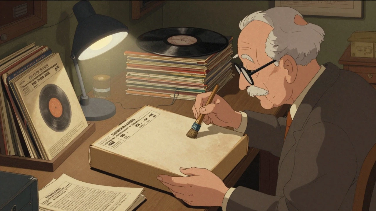 Collector carefully inspecting a vintage vinyl box set
