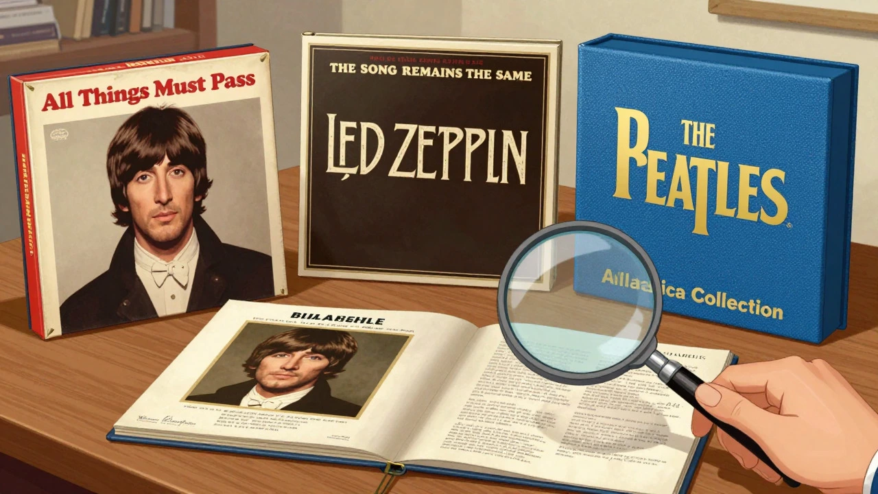 Comparison of three famous 1970s vinyl box sets on a table