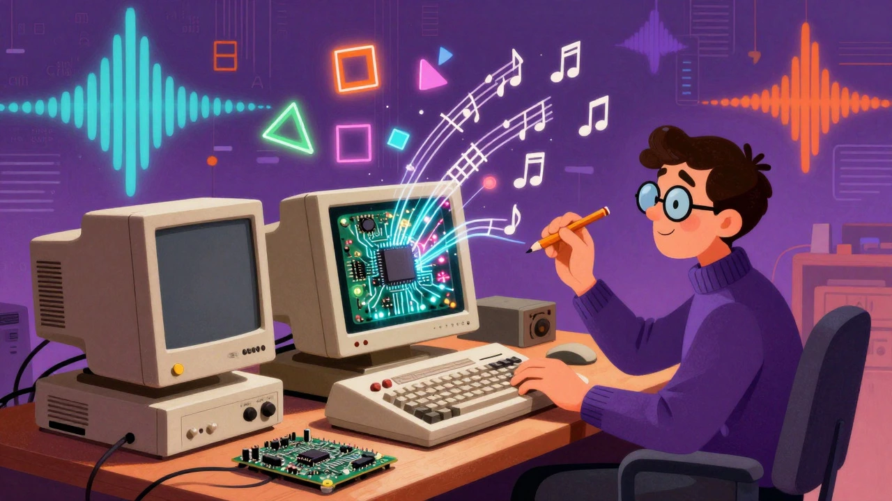 Composer creating chiptune music from vintage computer chips