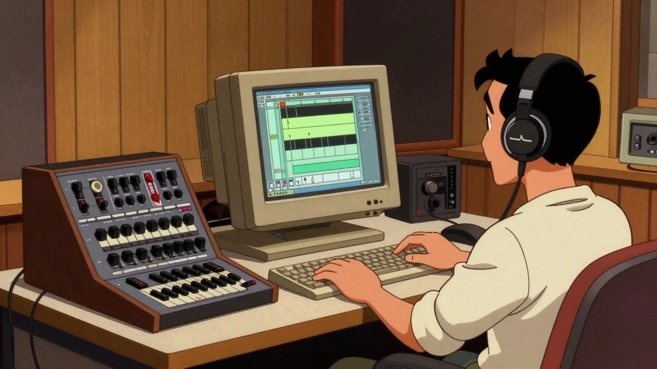 Composer using an Atari ST and sequencers in a retro home studio