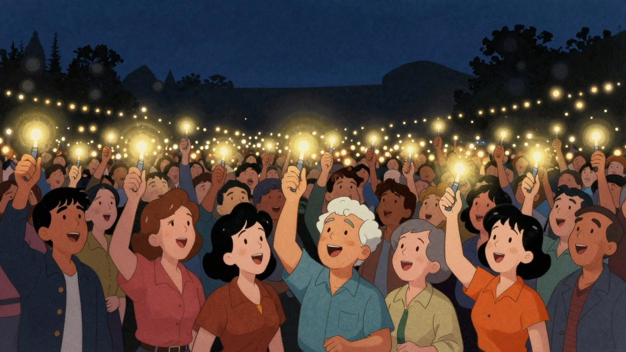 Crowd raising lighters during a 1980s power ballad concert