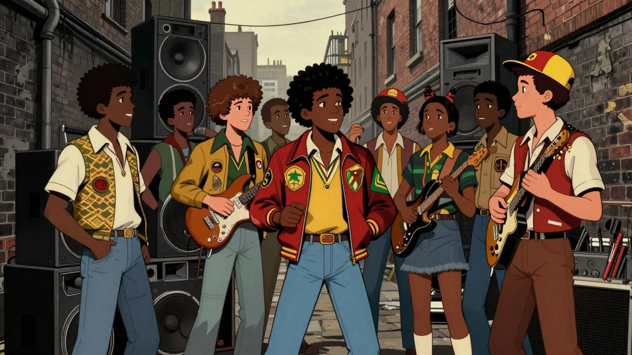 Diverse teens in 1970s London united by reggae music and colors