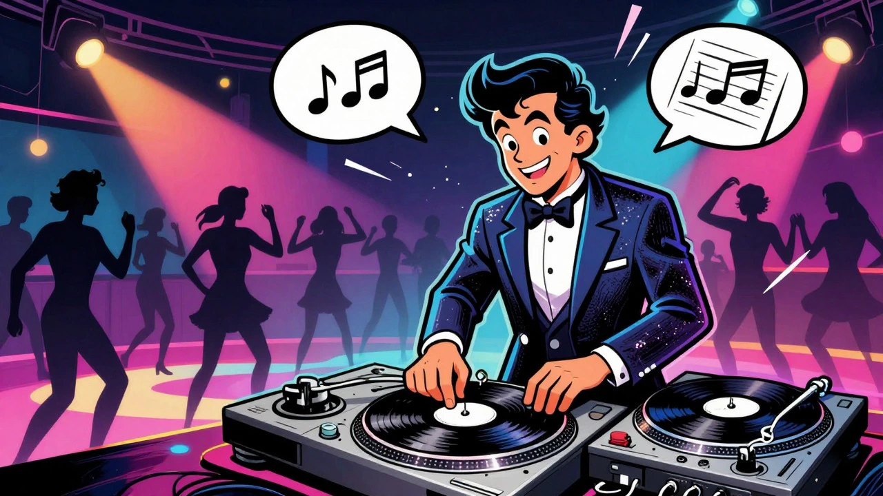 DJ playing a white-label vinyl at a crowded 1970s disco club.