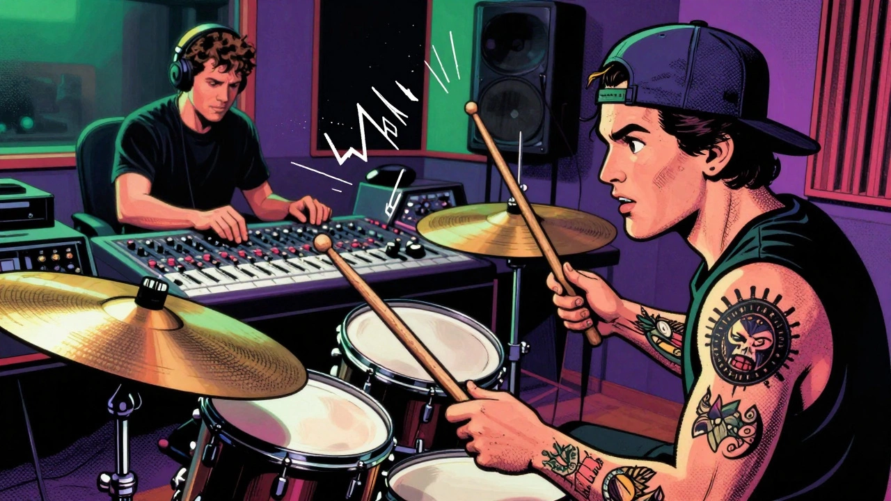 Drummer playing intensely in a 90s recording studio with producer