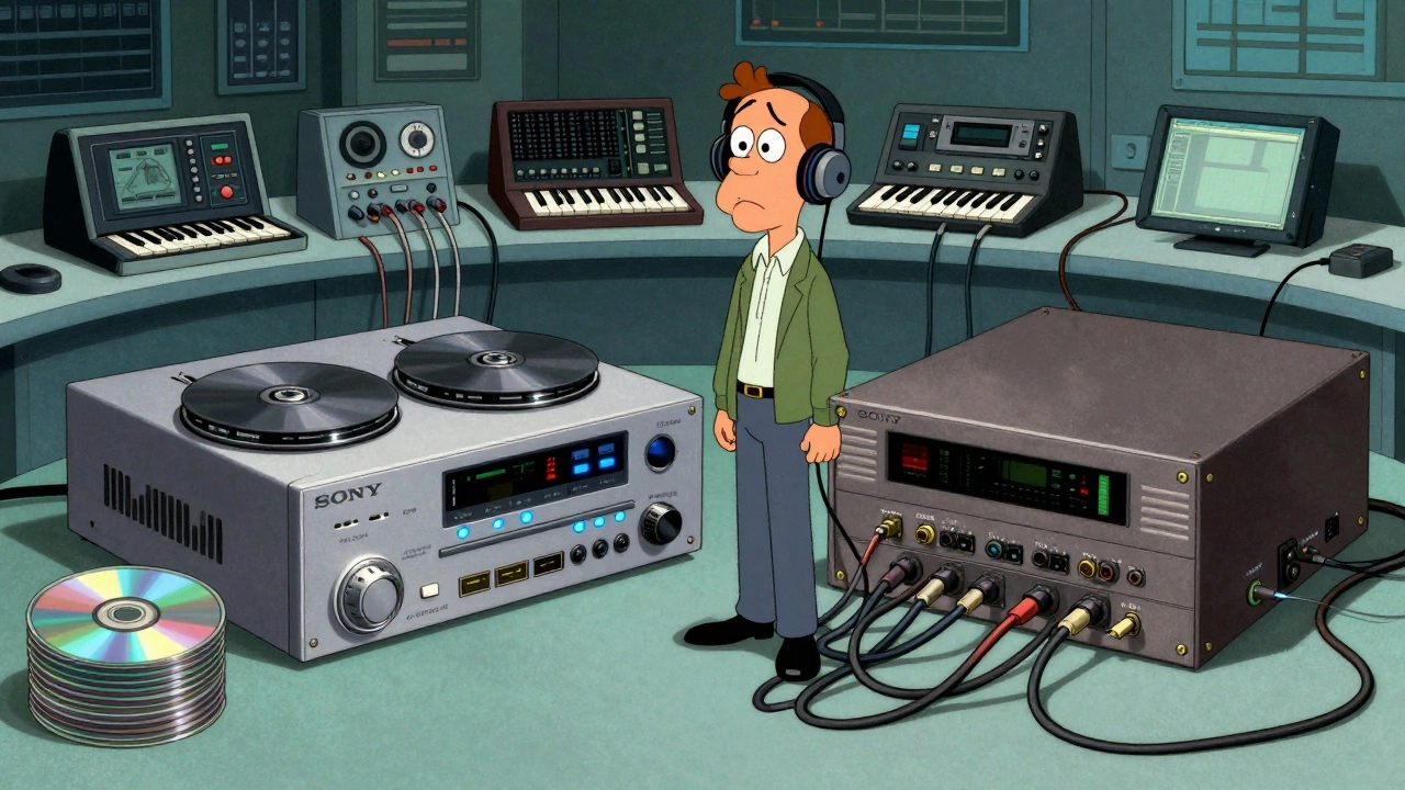 Engineer comparing bulky digital recorders and CDs in an 80s control room.