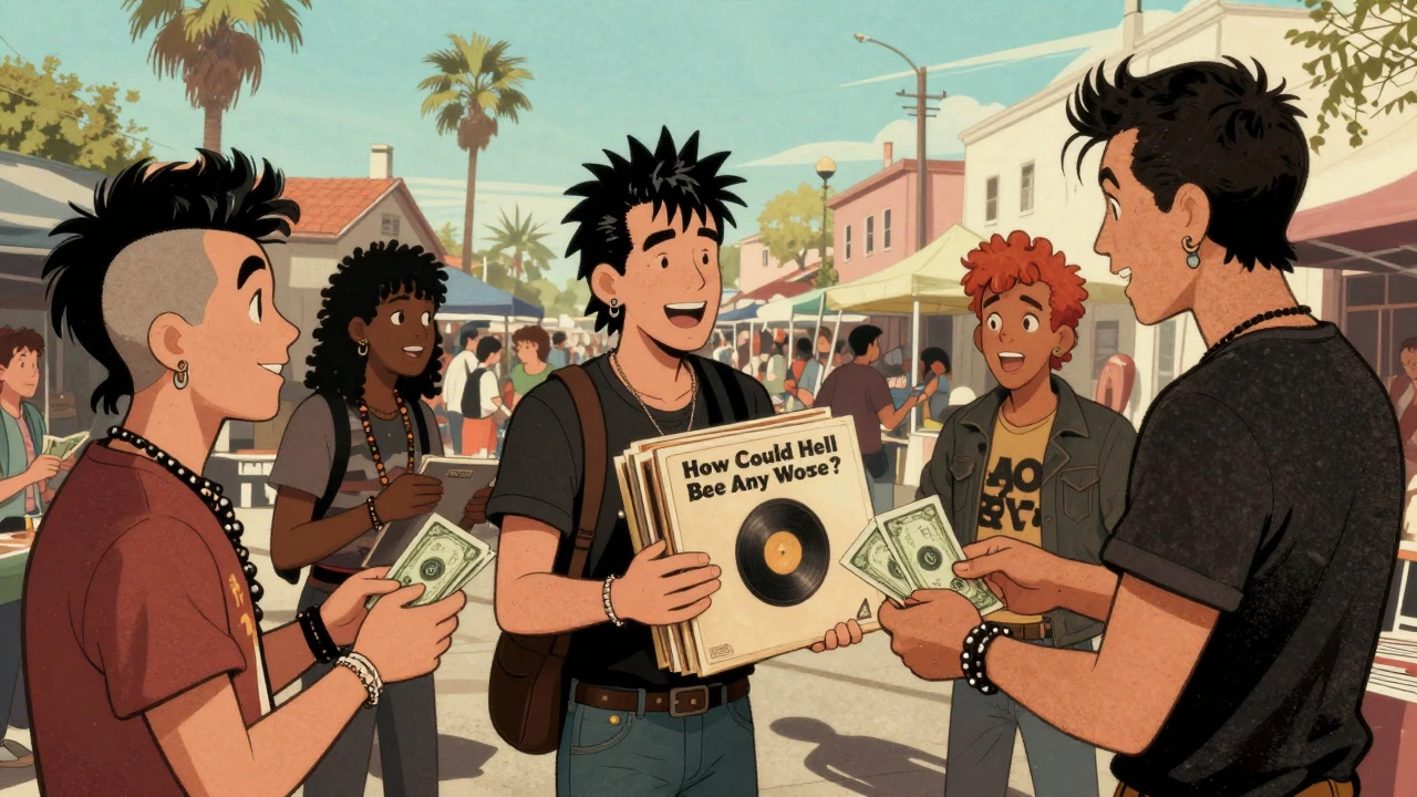 Fans buying vinyl records directly from a musician at a street market