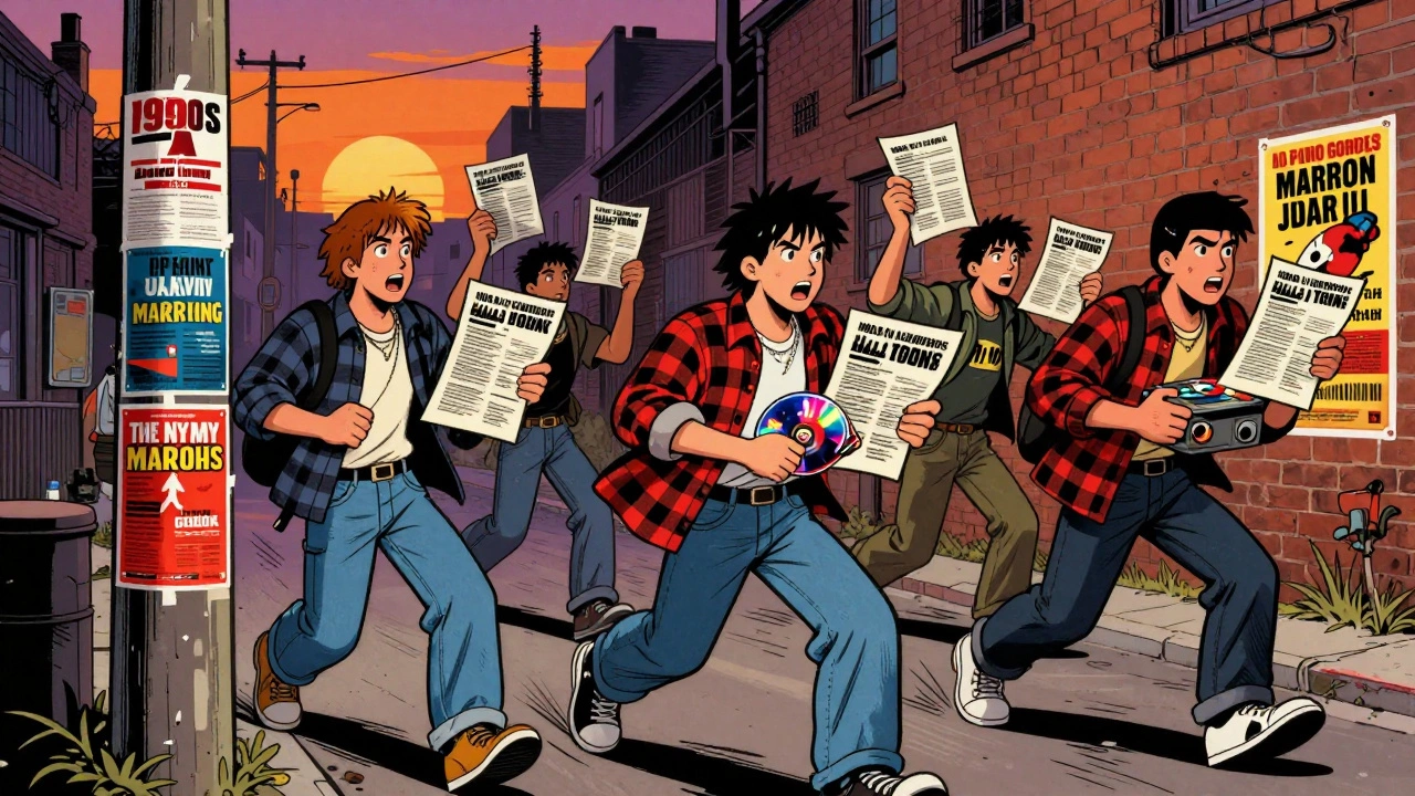 Fans posting band posters and handing out flyers on city streets.
