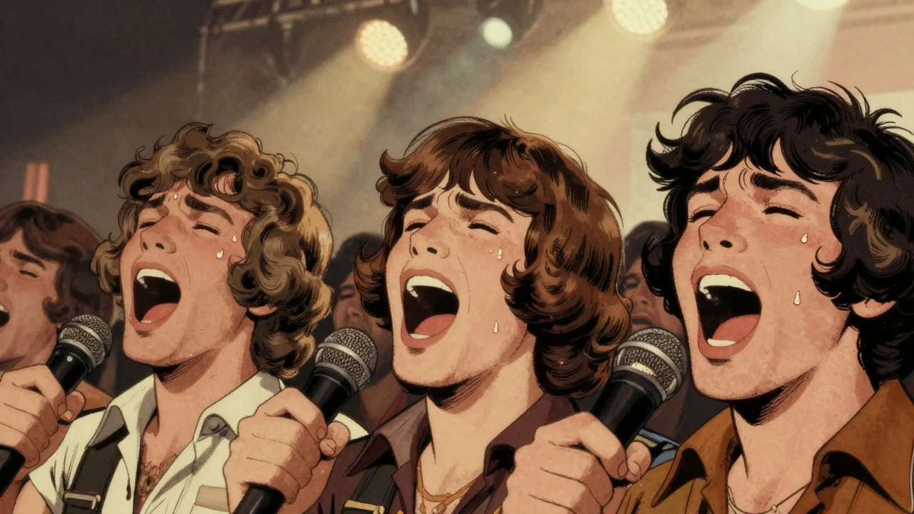 Fans singing passionately without phones at a 1970s rock concert.