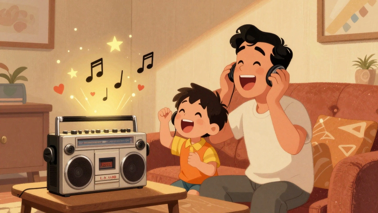 Father and son singing together with vintage boombox