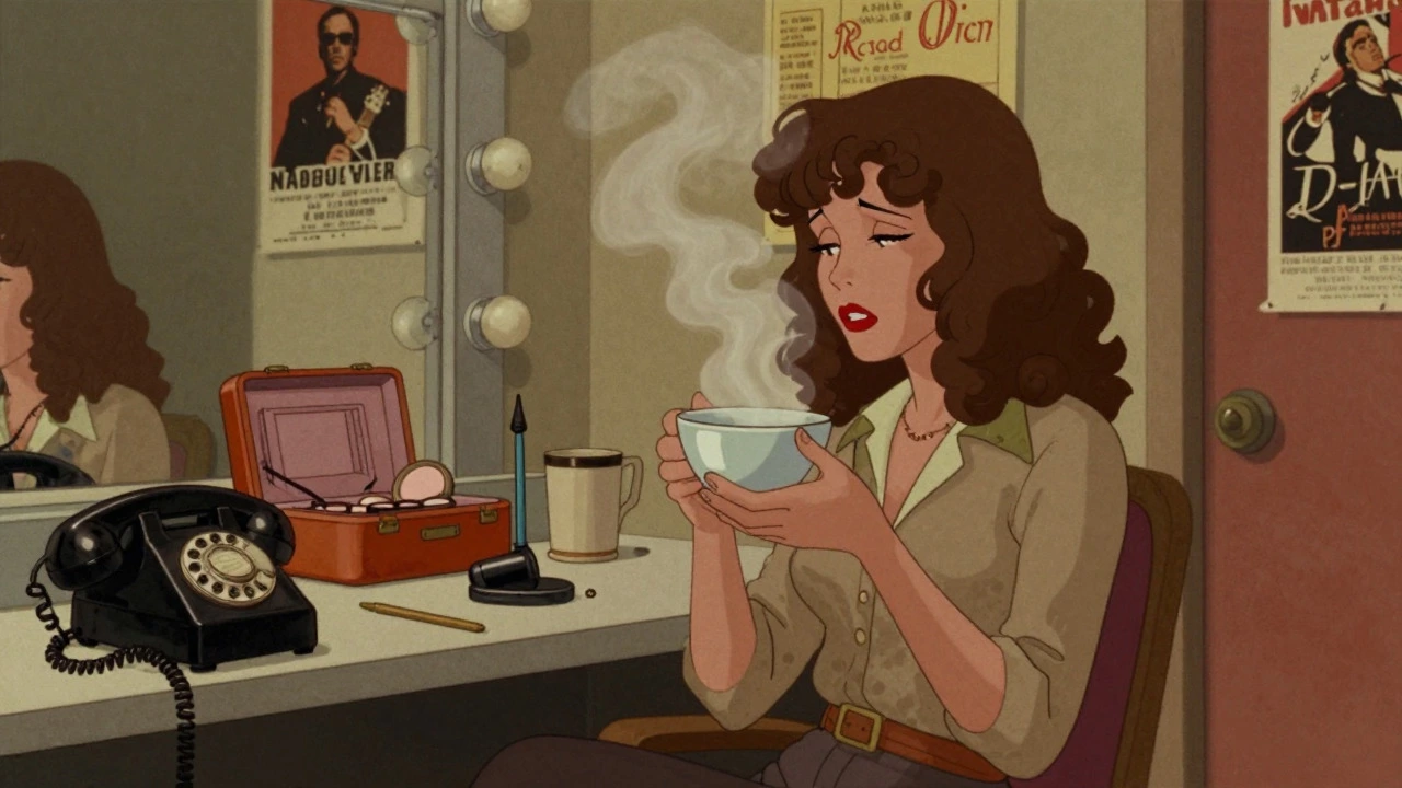Female singer resting backstage with steam inhalation for vocal care.